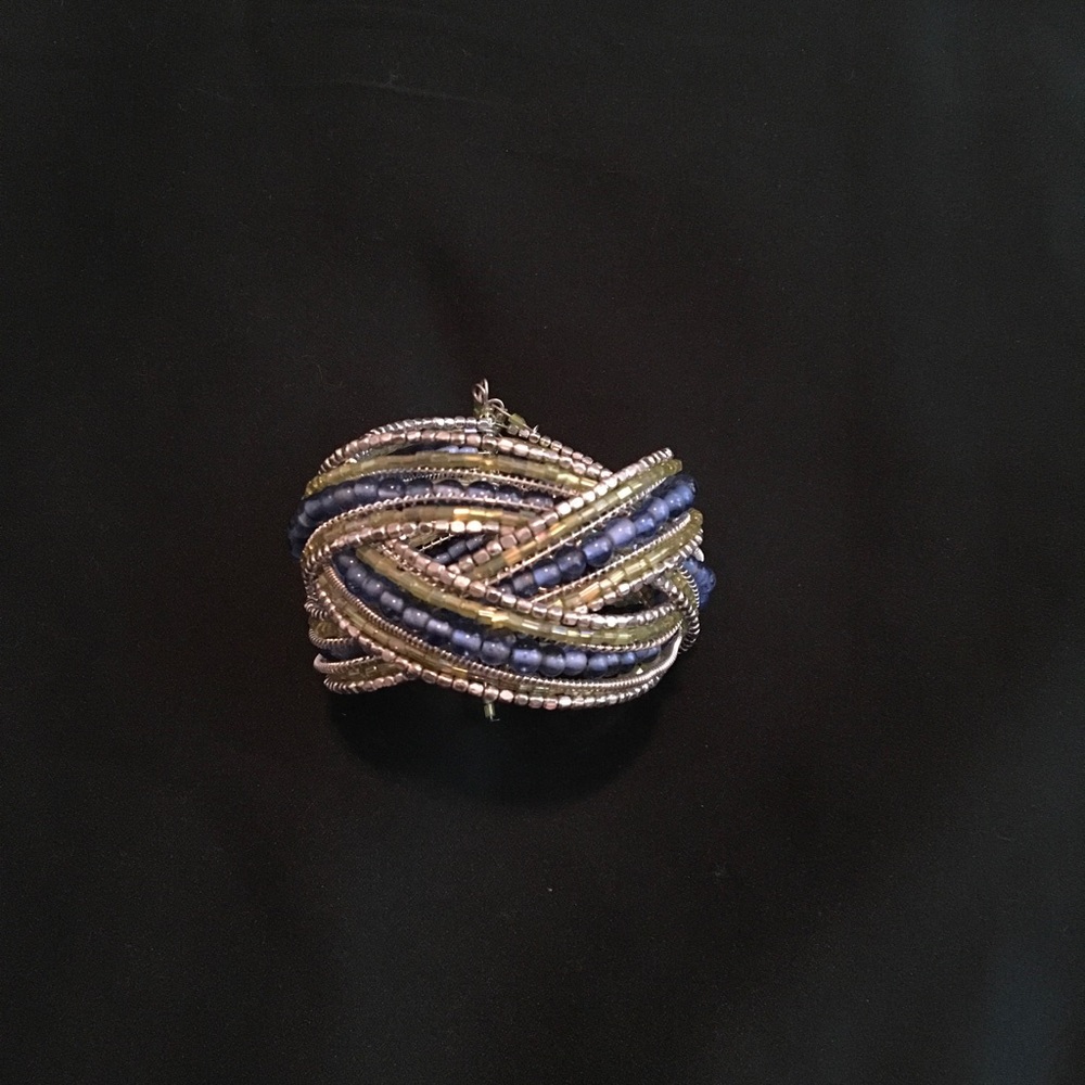 blue green silver bead braided cuff bracelet